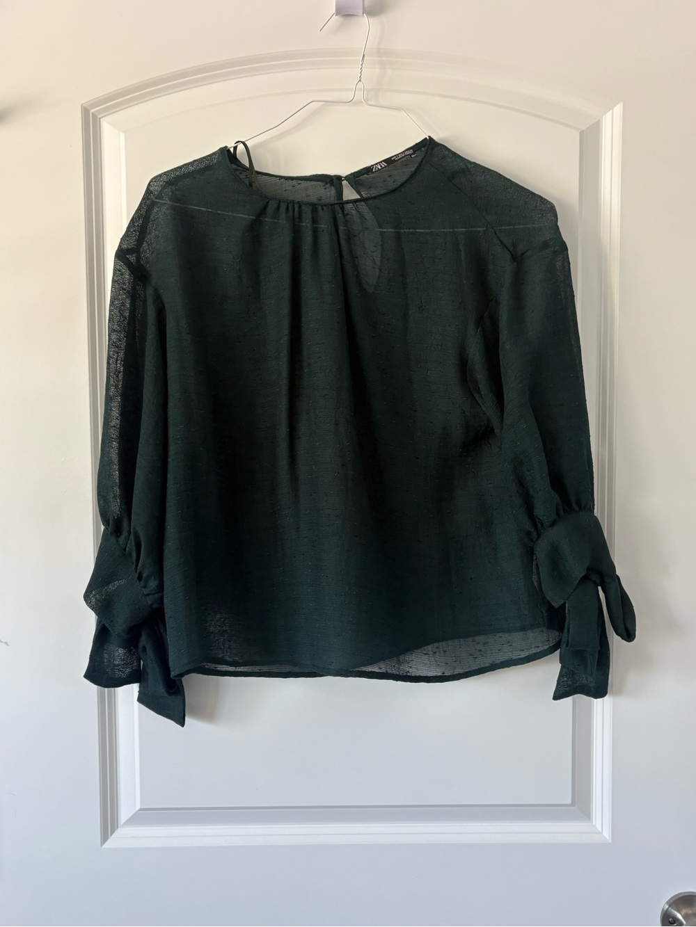 Zara Dark Green Tie-Sleeve Sheer Blouse